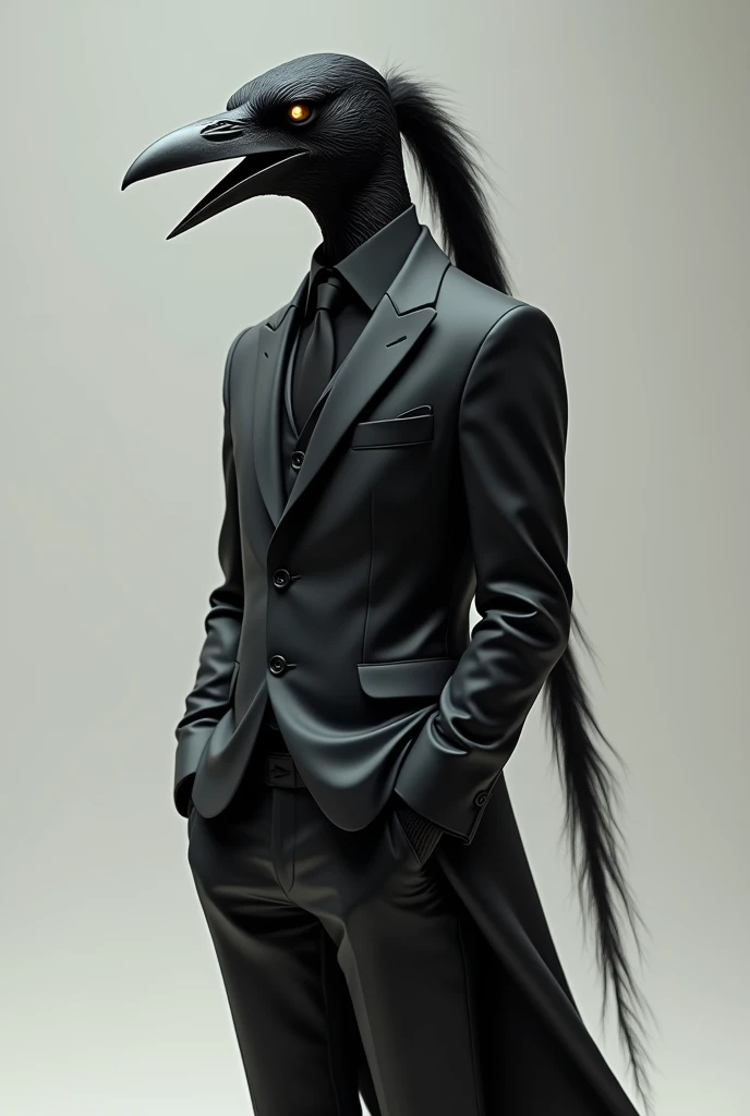 Humanoid crow in suit with ponytail hair