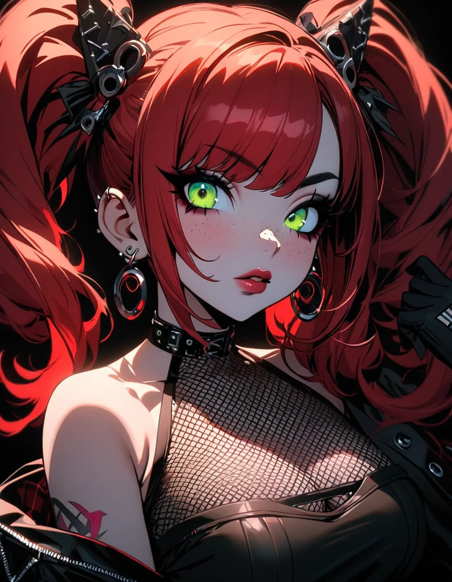 woman, curly red hair in pig tails, green eyes, eye shadow, long black jacket, red plaid skirt, black finger-less gloves, exposed shoulders, large breasts, freckles, cleavage, fishnet undershirt, looking at viewer, Holo-Punk Style, goth, earrings, eyelashes, jewelry, lips, makeup, solo, tattoo, punk aesthetic, cinematic lighting, masterpiece, best quality, face close up