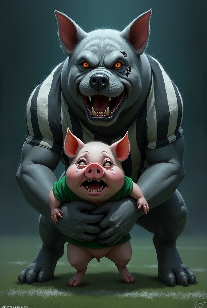 A large dark gray dog, very strong , brawny, very angry, around one of the dog's eyes a white star is tattooed. The dog holding a pink pig that is wearing a green shirt. The dog is wearing a shirt with alternating vertical black and white stripes.. Background of a football field at night , Void, grimdark. The pig is scared and crying.