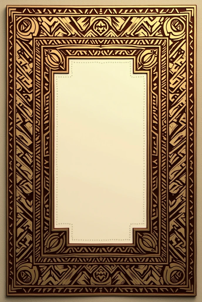 Internal design for a gourmet restaurant menu with pre-Hispanic aesthetics in Colombia where the frame is made from indigenous geometry and its main colors are gold and brown
