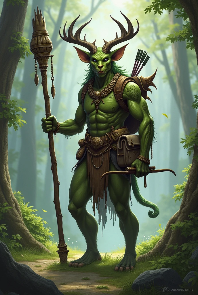 a tricrin druid of medium height with four arms, a staff behind his back, a crossbow and arrows at his waist, a small bag over his shoulder, no armor.