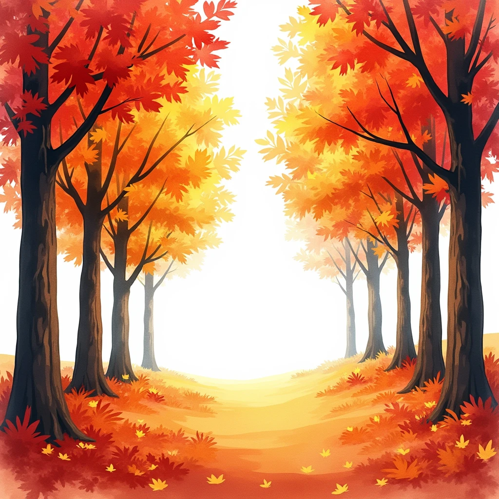 photorealistic: An autumn forest scene with vibrant colors and falling leaves., captured in a watercolor style. The artistic inspiration for this image comes from the works of watercolor artists on platforms such as Art Station and Behance.. The camera must have a wide-angle lens to capture the vastness of the forest... The viewing mode should be from a low angle to show the imposing trees.. The image should have a white background to enhance the colors of the fall foliage... Resolution must be high to capture the intricate details of leaves and tree trunks.. The lighting should be natural, with sunlight filtering through the trees, creating a warm and welcoming atmosphere.