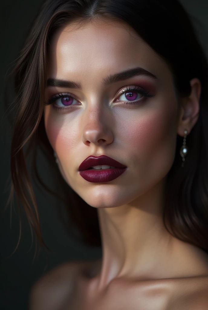 Photography, professional full body (detailed face and eyes: 1.4), purple eyes (deep necklines: 1.3), colorful and color photography of woman, nudes (dark makeup), collar, earrings (dark lipstick), divided lips, Sharp focus, Focus on the face, incredibly sharp details, extremely detailed (giant breasts in picture: 1.1), 4K HQ, 8k, depth of field, f/1.2, leica, 8k HDR, high contrast, high retouch, Shadows , bokeh, award-winning photography, best photographers.