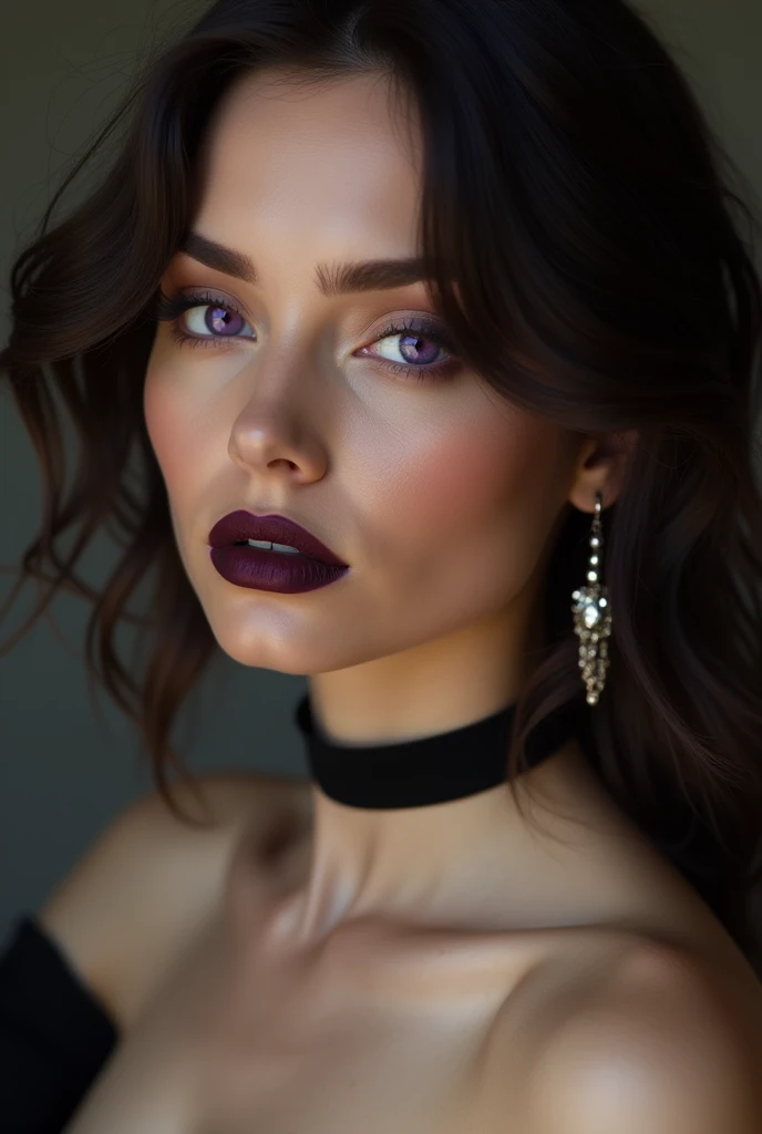 Photography, professional full body (detailed face and eyes: 1.4), purple eyes (deep necklines: 1.3), colorful and color photography of woman, nudes (dark makeup), collar, earrings (dark lipstick), divided lips, Sharp focus, Focus on the face, incredibly sharp details, extremely detailed (giant breasts in picture: 1.1), 4K HQ, 8k, depth of field, f/1.2, leica, 8k HDR, high contrast, high retouch, Shadows  , bokeh, award-winning photography, best photographers.