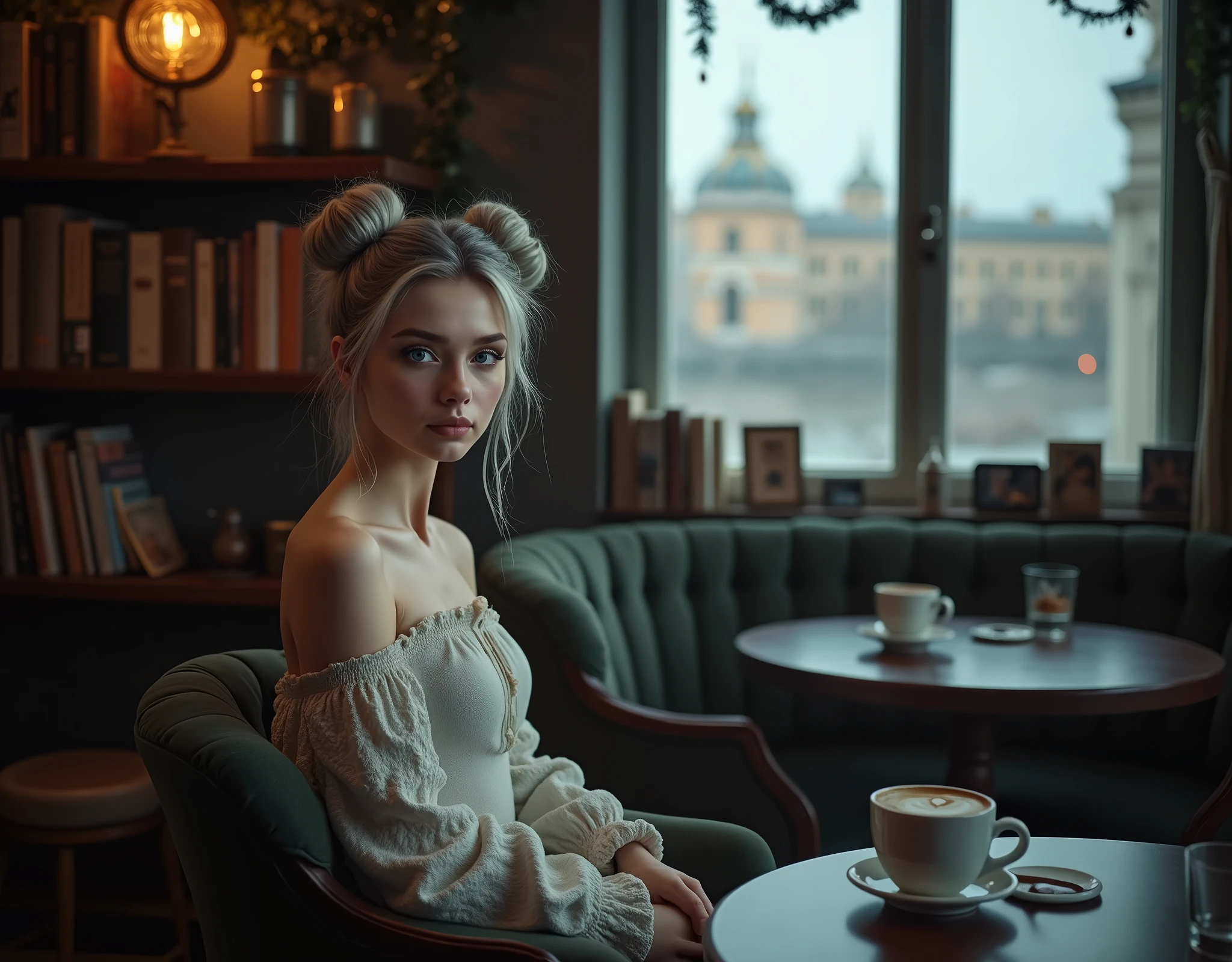 Beautiful girl with fair skin, 20 years, light gray hair gathered into two buns, Blue eyes, sits elegantly in a cozy coffee shop, coffee shop in dark tones, a coffee shop with soft chairs and cabinets with books and garlands,  Sits up straight, Look directly into the camera, in the background there is a large window with a view of St. Petersburg, Really, Photo, 4K, dark atmosphere 