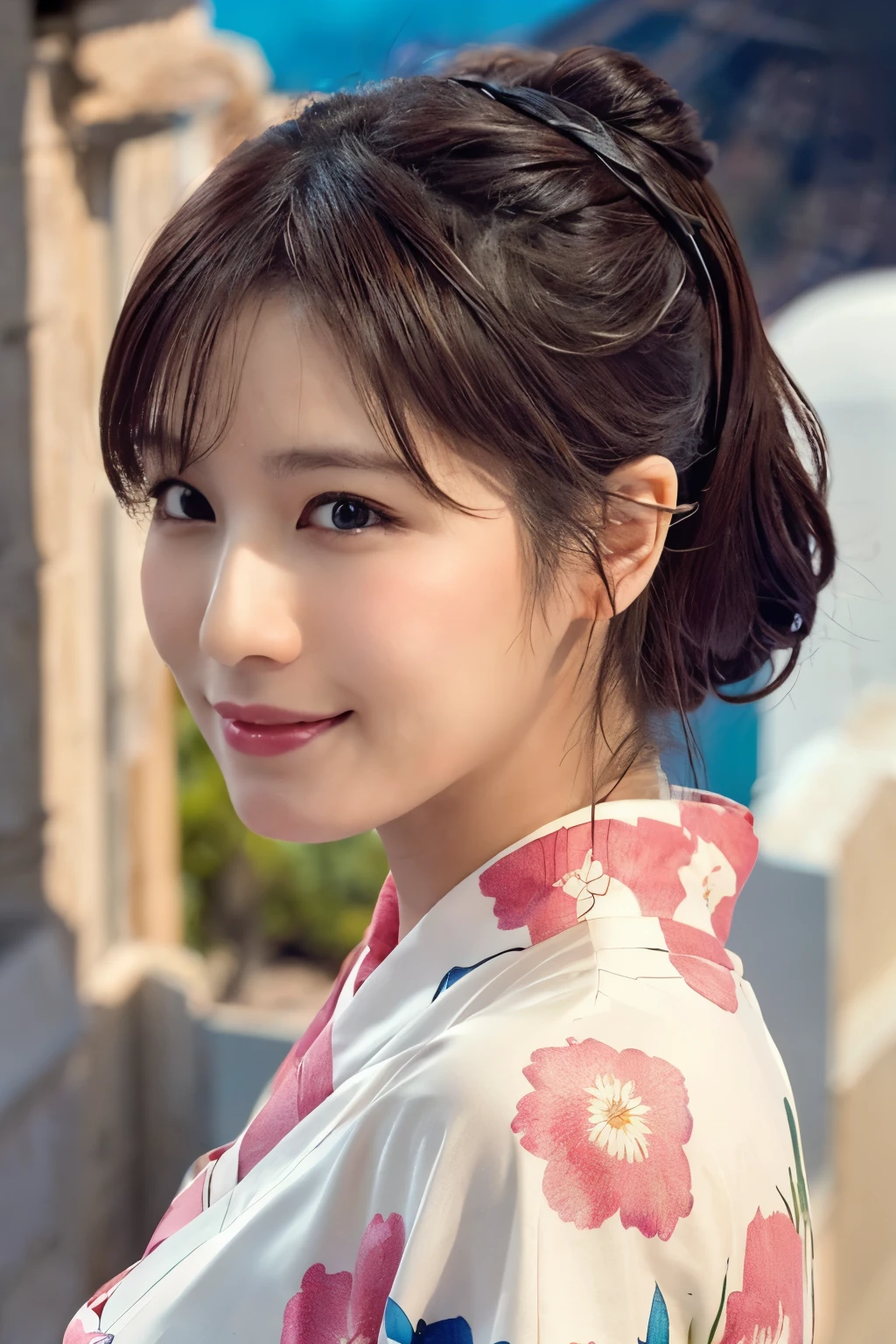 1 person, (Wearing a pink floral kimono.:1.2), Very beautiful Japanese idol portraits, 
(RAW Photos, Highest quality), (Realistic, Realistic:1.4), (masterpiece), 
Very delicate and beautiful, Very detailed, 2k wallpaper, wonderful, finely, Very detailed CG Unity 8k 壁紙, Very detailed, High resolution, Soft Light, 
Beautiful details, Very detailed目と顔, Beautiful and sophisticated nose, Beautiful and beautiful eyes, Cinema Lighting, 
(Commemorative photo on Santorini Island:1.3), (White Building), (blue sky), (Church bells), (Aegean Sea),
(Japanese hairstyle), (Tie your hair at the back:1.3), (bangs), (hairpin), 
Complete Anatomy, Slender body, Small breasts, smile