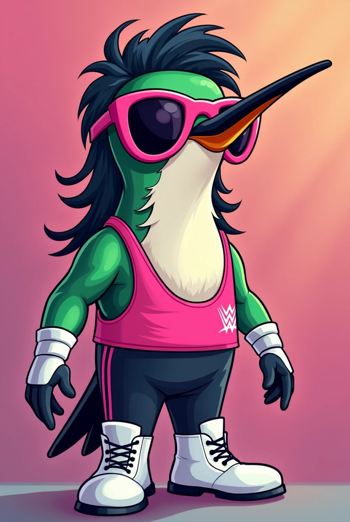 Cartoon hummingbird dressed like WWE wrestler bret the hitman hart.  Cartoon hummingbird head. Cartoon hummingbird body. Cartoon hummingbird hands
 Black stringy hair. Pink shades. Pink singlet. Black pants. White wrestling boots