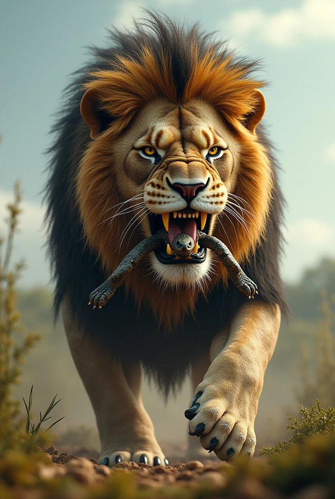 Congo Lion standing on a dead Komodo Dragon that it fought