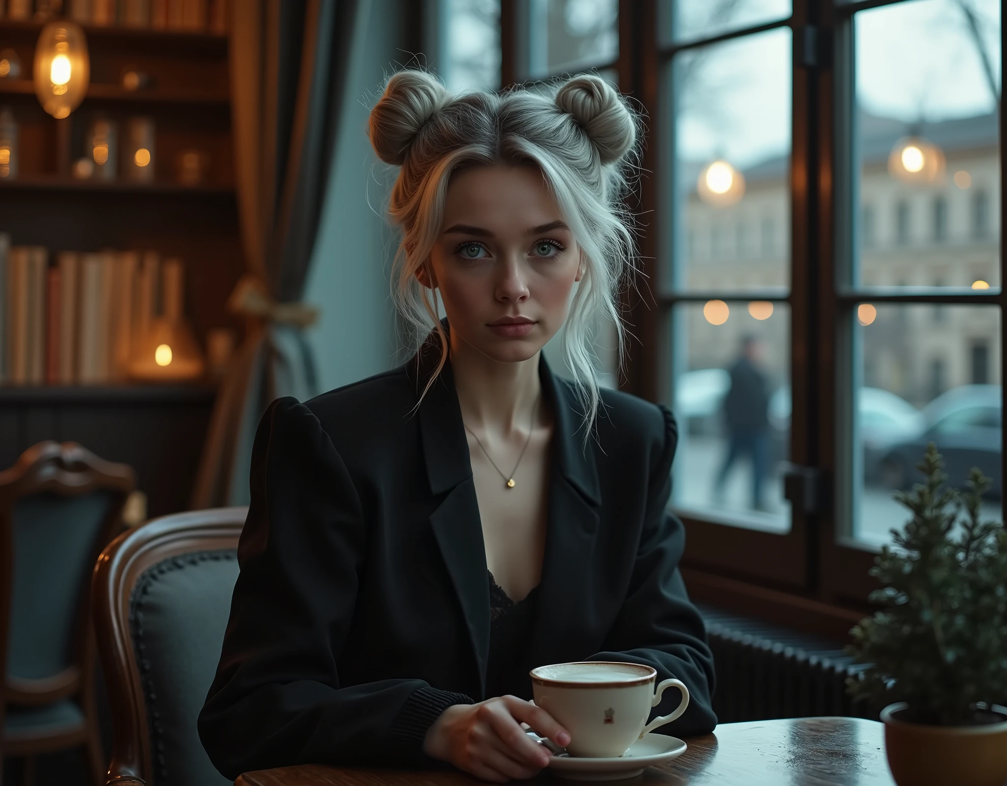 Beautiful girl with fair skin, 20 years, light gray hair gathered into two buns, Blue eyes, sits elegantly in a cozy coffee shop, coffee shop in dark tones, a coffee shop with soft chairs and cabinets with books and garlands, Sits up straight, Look directly into the camera, in the background there is a large window with a view of St. Petersburg, Really, Photo, 4K, dark atmosphere