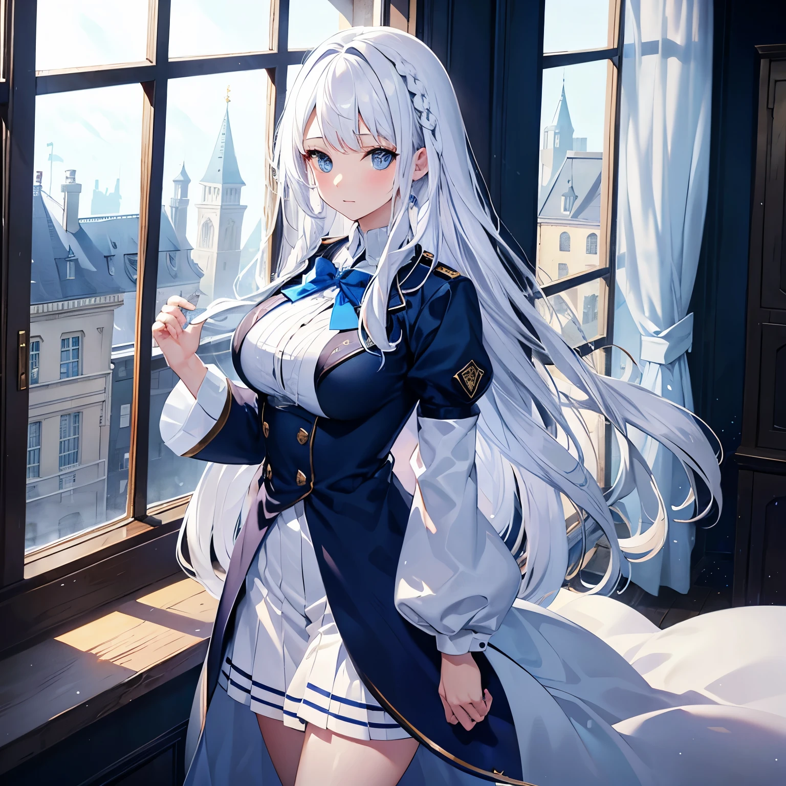 One woman, standing, braids through hair, blue eyes, white hair, soft smile, blue high school uniform, hair down, large breasts, in a castle, window.