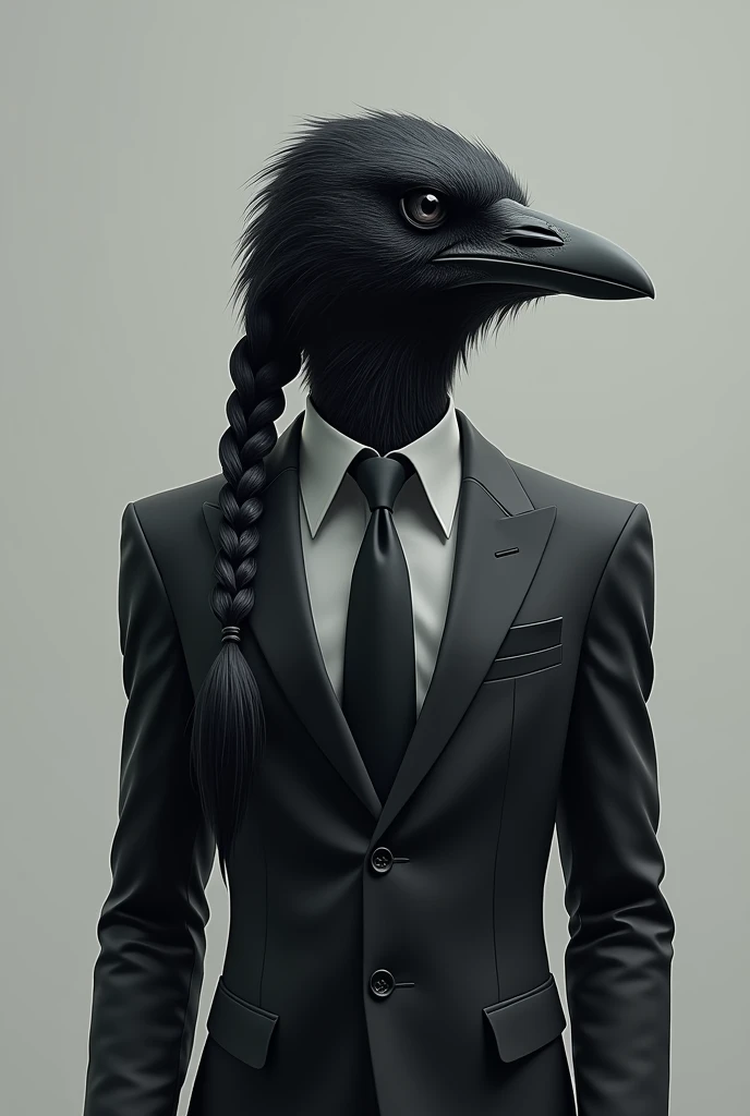 Humanoid crow in suit with braided ponytail hair