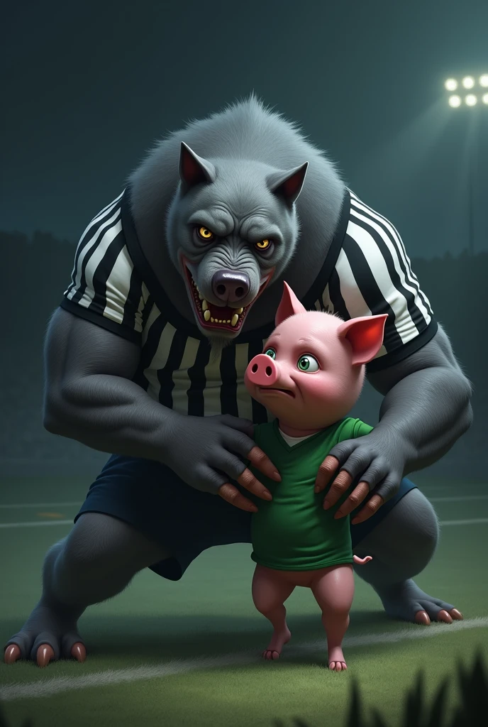 A large dark gray dog, very strong , brawny,  very angry, around one of the dog&#39;s eyes a white star is tattooed. The dog holding a pink pig that is wearing a green shirt. The dog is wearing a shirt with alternating vertical black and white stripes.. Background of a football field at night , Void, grimdark. The pig is scared and crying.