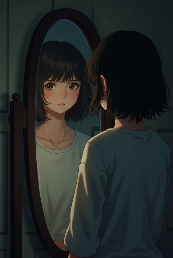 A short haired girl looking in the mirror sad