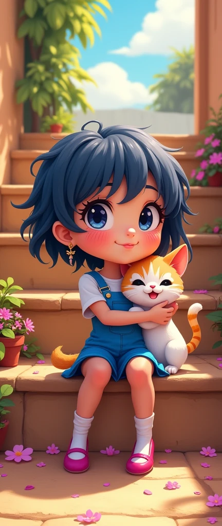 Chibi girl with full lips, big crystal clear eyes, short colorful hair, earrings, dressed in a bright blue outfit and high heels, hugging her cat Belinha, sitting on the stairs of grandma's house, digital painting, ultra clear, vivid colors , highly detailed,UHD,