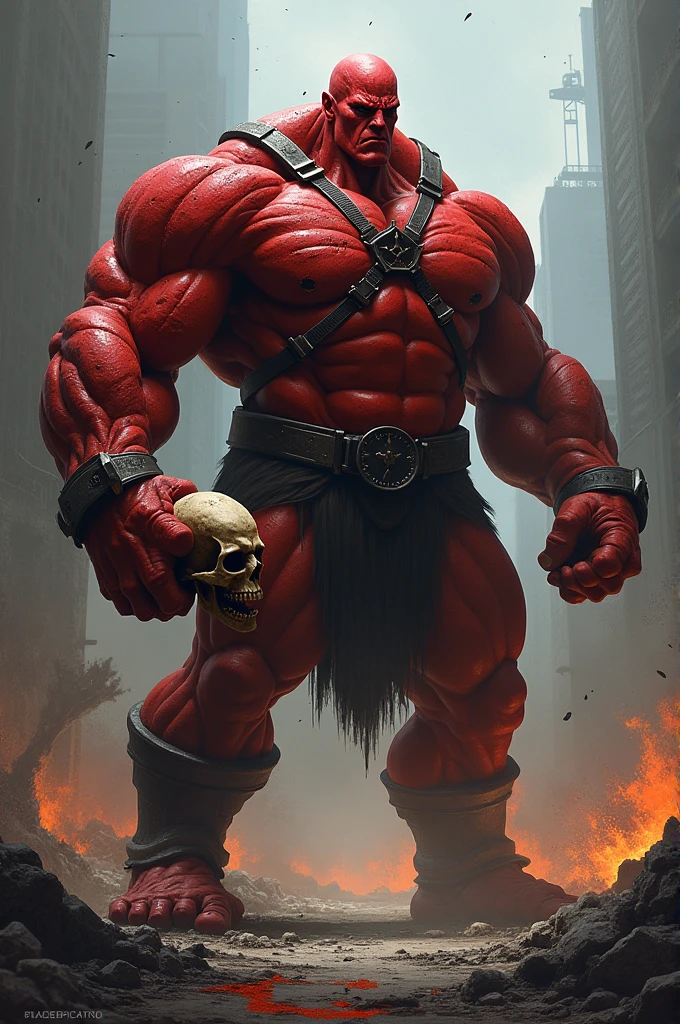 I want a picture of the red juggernaut holding a skull head in his right hand and his left hand up in a closed fist