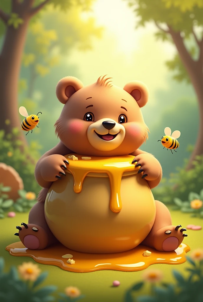 Imagine a cute bear, with light brown fur and adorable expressions. He is lying in a comfortable position, perhaps with its front paws extended into a large, golden honey pot. The honey is running down the sides of the jar, and some little bees are flying around, but they don't seem to be threatening. The bear is smiling and seems to be completely satisfied with the honey. You can add a forest or field background to complete the scene..