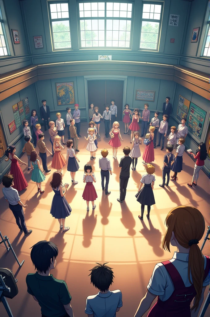 A panoramic view of an anime rehearsal room