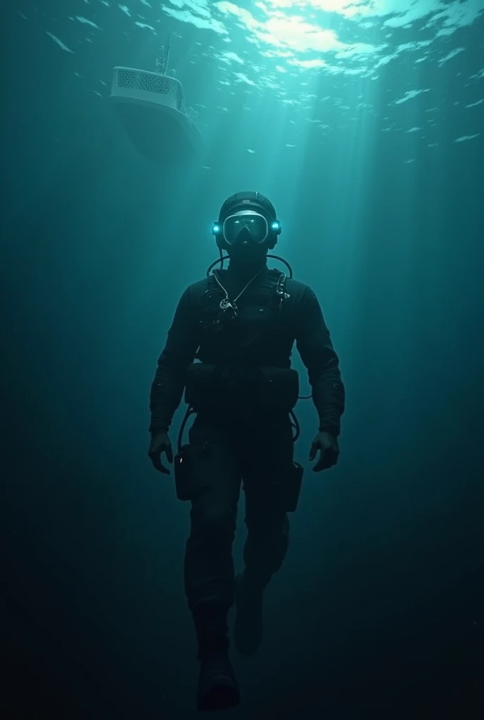 Create an image of a Ukrainian fighter diver, who attaches an explosive charge to an underwater gas pipeline in the Baltic Sea. Above the diver the distant silhouette of a yacht can be seen.
it is dark. The diver dives deep. The diver has an LED on the helmet.