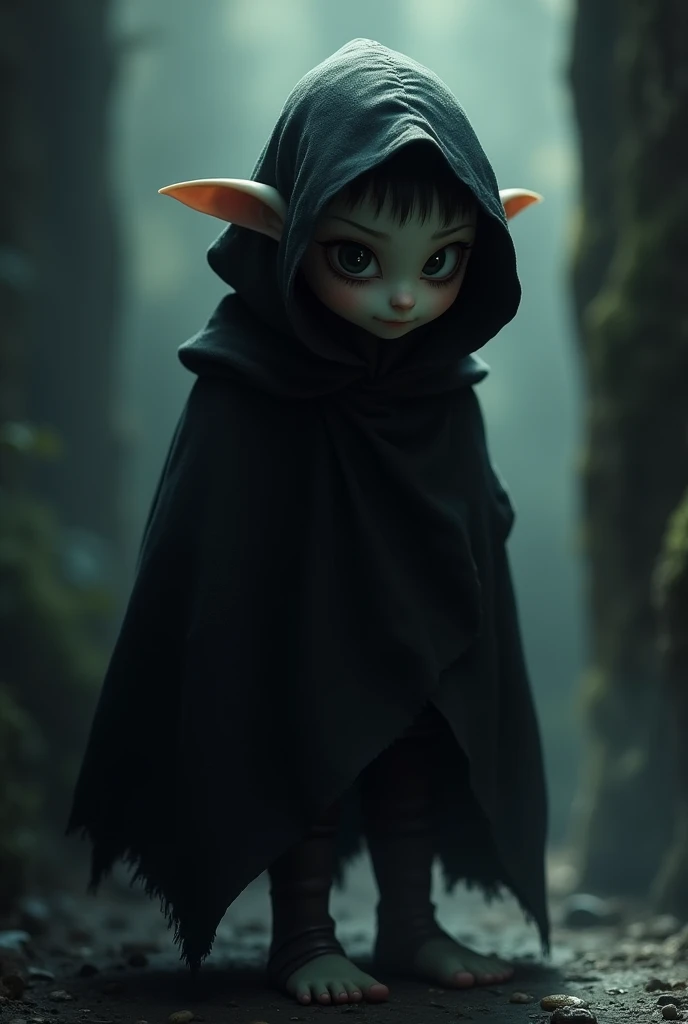 mythical creature, elfo, from the shadows, furtive, adolescent, shorty, black cowl