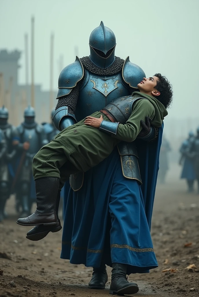 Knight in blue armor and blue closed helmet carrying the body of a young warrior in green armor 