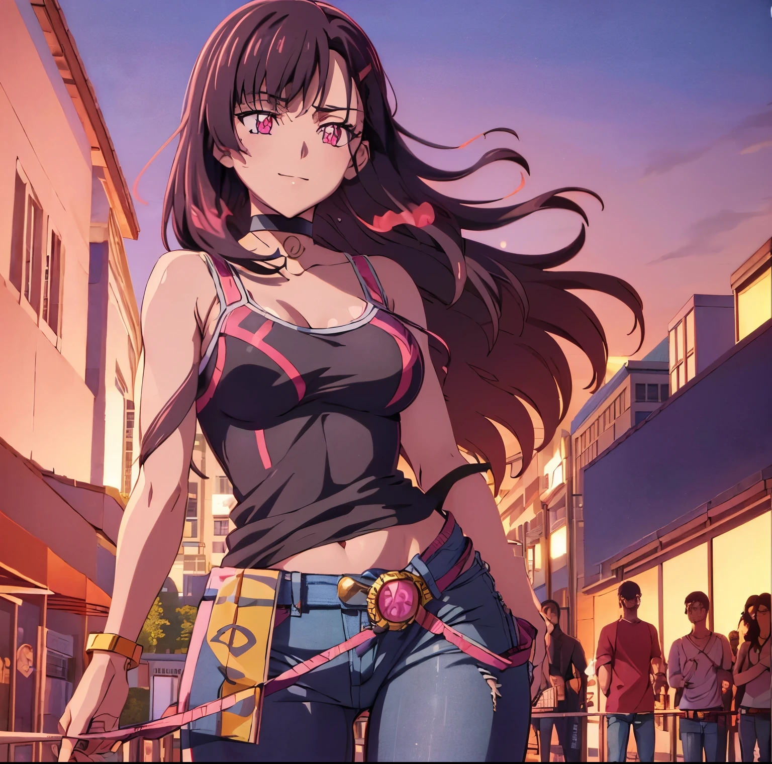 ((1girl)),((alone)),shizuka mikazuki, (zom 100),(masterpiece), (best quality), (ultra detailed), (best illustration), (best shadow), (absurdities), focus sharp, cowboy photo, atmospheric perspective, depth of field, dynamic posture facing viewer, medium breasts, narrow waist, wide hips, wide thighs, round butt, erotic, romantic, (highly detailed eyes, 1.1 lips), highly detailed eyes , eyes, Very detailed face, Very pretty face, Symmetrical face, Aesthetic face, perfect face, perfect eyes, detailed eyelashes: 1.5), full height, beautiful slender figure, femininity, expressive appearance, elastic medium breasts, sexuality, parted lips, short hair, purple hair, hair ornament, hairpin, (pink eyes: 1.5), swept bangs, ((neckline:1.4)), collarbone, jewelry:1.3, ring, ((jeans:1.4)), ( (tight pants:1.3)), bracelet, ((choker:1.3)), jeans, fake nails, pink nails, shirt, ((black camisole:1.4)), ear piercing, ((belt:1.2)), nail polish, beaded bracelet, beads, black choker, hand on hip, curves, defined body, perfect and beautiful body, perfect and beautiful, closed mouth, serious expression, smile, blush, (sexy pose: 1.2), (( alone)), standing: 1.3, ((exterior, streets, city, night, landscape urban,city lights, buildings,moon)), looking forward,((focus on hips:1.4)), point of view:(from below), perfect anatomy, perfect hands