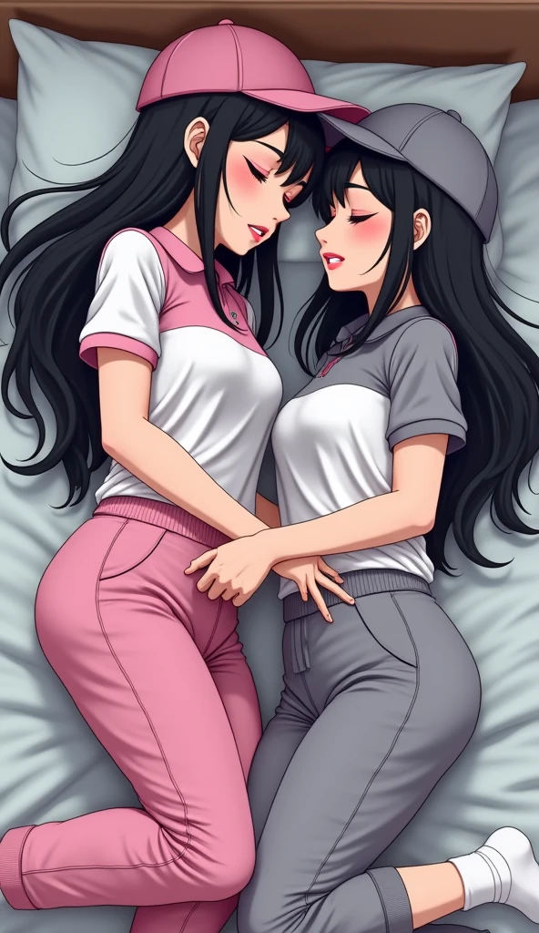 Two girls long black hairs, yuri

The first girl wear a white pink polo shirt pink shirt collar pink sleeves, pink cap, pink adidas sweatpants with three white stripes, black underpants, white socks.

The second girl wore a white grey polo shirt grey shirt collar grey sleeves, grey cap, grey adidas sweatpants with three white stripes, black underpants, white socks.

The hem of their polo shirt was tucked into their pants.

The first girl used her hand reaching to inside the grey sweatpants and insert fingers into pussy of the second girl.

Hot love scene, reaching inside, fingering inside, kissing on the bed, sensual body, closed eyes, lying on the bed, bedroom, novel cartoon, 4K, HD