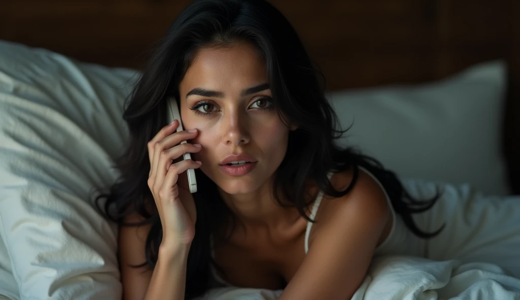 A 24 year old Indian girl named Shreya, she is very beautiful, and she has just woken up from sleep, but is on the bed and is talking to someone on the phone under a lot of tension