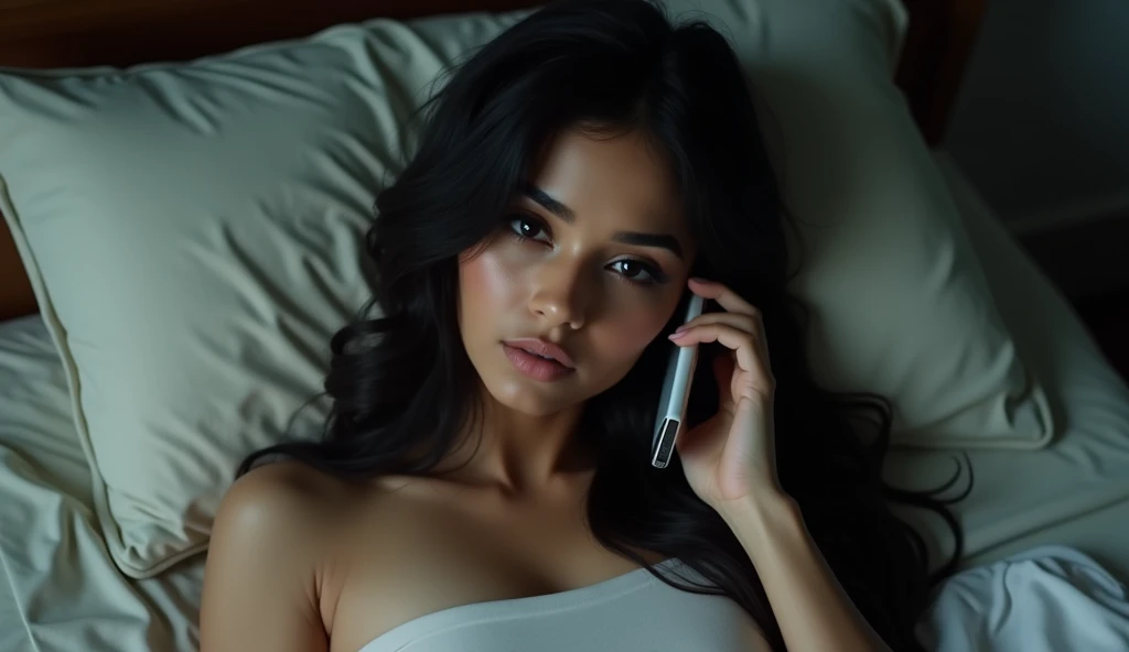 A 24 year old Indian girl named Shreya, she is very beautiful, and she has just woken up from sleep, but is on the bed and is talking to someone on the phone under a lot of tension