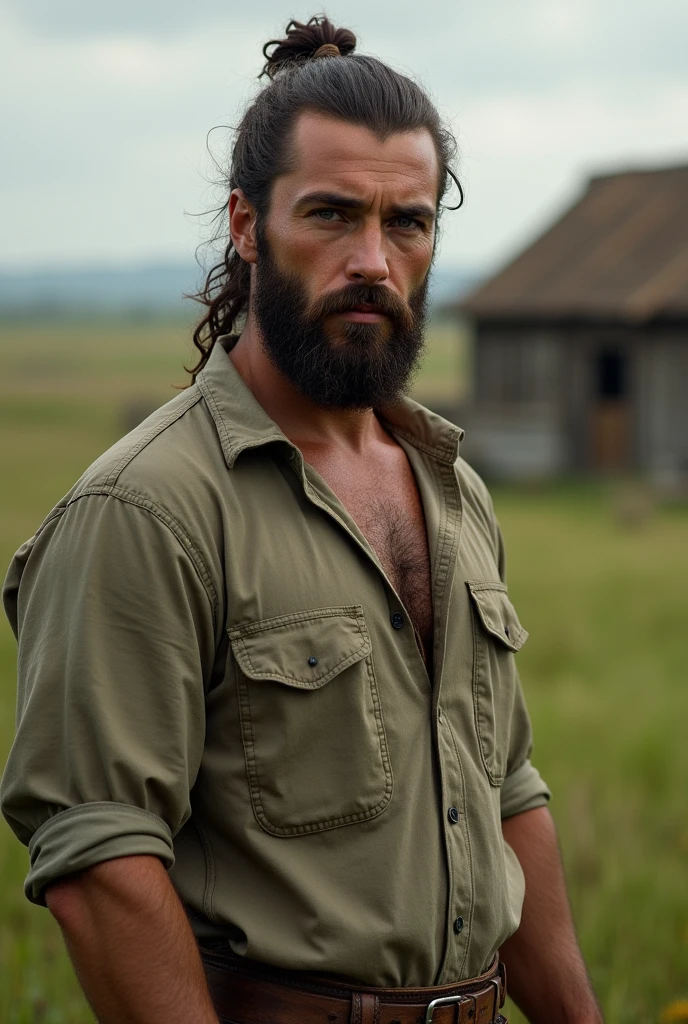 A young man with a beard in a simple farmer's outfit, wearing hair in a bun