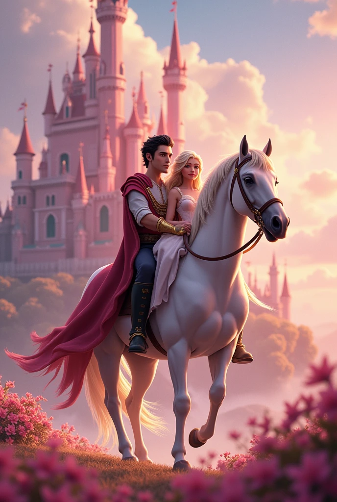 Perfect tall and handsome king with dark short hair and beautiful princess with so long blonde hair together on white horse back they ride horse together behind them have big pink luxury castle from far away