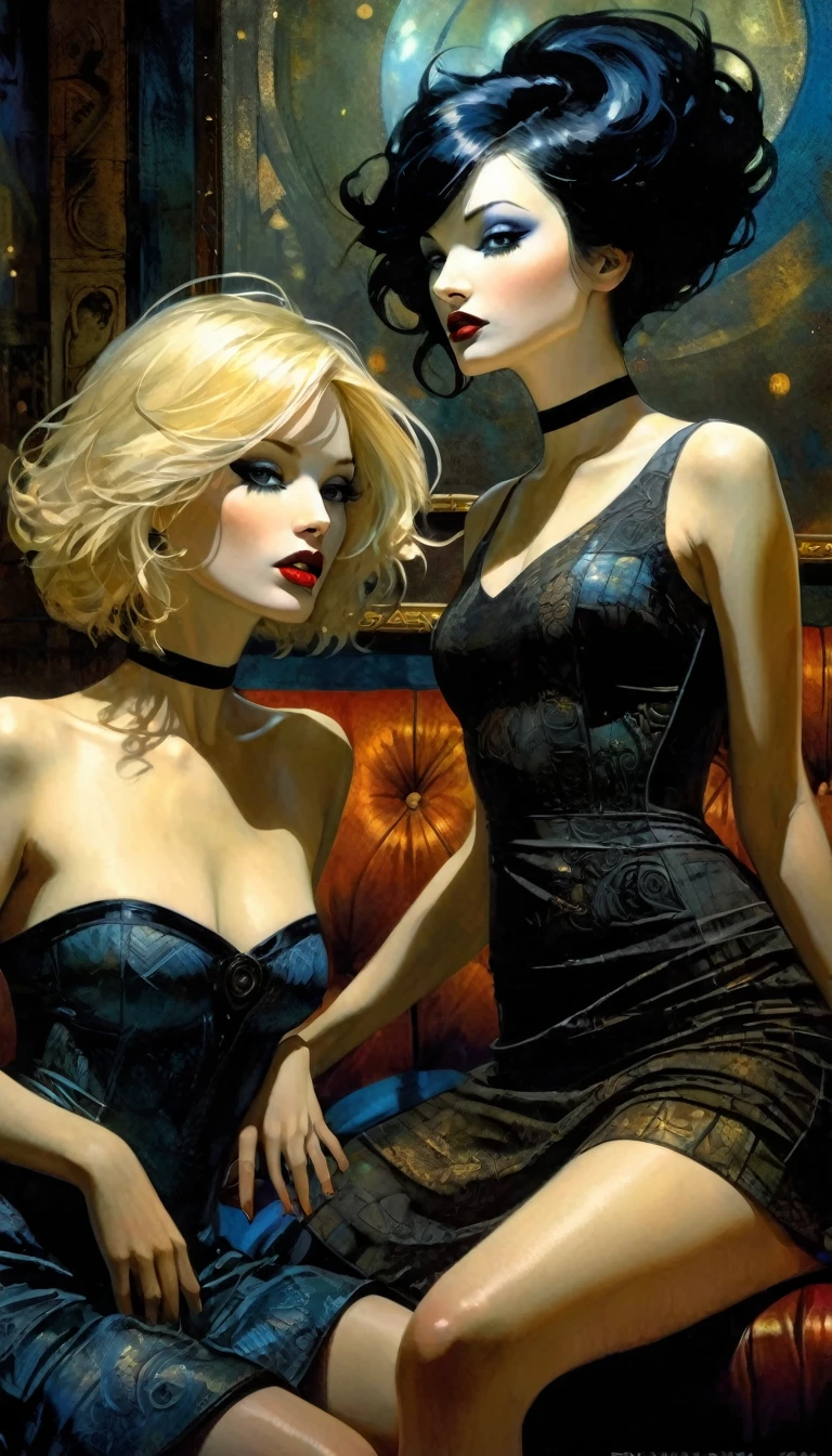 lesbianism, two sexy girls, sexy dress, on the couch in a living room overlooking a magical night with stars, affectionate (best quality, 4k, 8k, high resolution, masterpiece: 1.2), ultra-detailed, (realistic, photorealistic, photorealistic : 1.37), intricate details, vivid colors, sharp focus, professional, Dave McKean artwork, surreal oil touch, oil painting style, portrait, woman, beautiful detailed eyes, beautiful detailed lips, dreamlike atmosphere, game of shadows, soft lighting, fun pose, dark tones, ethereal background, fantasy elements, texture, layered composition. {{{,nsfw,speech bubble,sexy dress,, art inspired by Bill Sienkiewicz and Dave McKean
