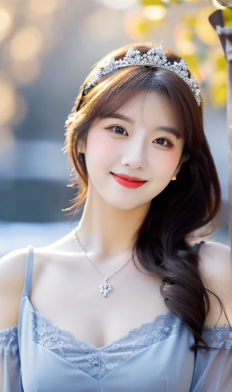 (A gorgeous lady, Korean, Japanese, Cute girl, fashion idol, short bob hair, wavy brown hair, ponytail, kind smile, beautiful detailed eyes, ((beautiful detailed face)), long eyelashes, beautiful detailed lip, dimpled cheeks, ample round bosom, natural pose, hands on hip, romantic night,

light off-the-shoulder, blue gown, floral lace, detailed bodice, sleeves, sweetheart neckline, sheer tulle-like fabric, delicate necklace, symmetrical design, elegant tiara,

 masterpiece, photo-realistic, ultra-detailed, 8k, high resolution, portrait illustration, natural colors, bokeh, cowboy_shot, serene ambience, snowy outdoor, trees, SFW, safe for work)

 