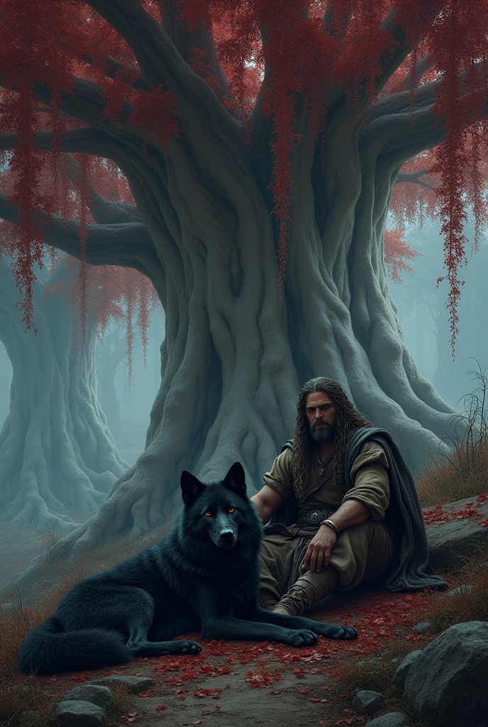 Realistic image of a medieval man resting, next to his black wolf, under a large, lush tree with a white trunk, and long red leaves , during the dark and gloomy night, at a forest.