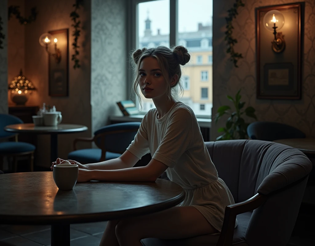 Beautiful girl with fair skin, 20 years, light gray hair gathered into two buns, Blue eyes, sits elegantly in a cozy coffee shop, coffee shop in dark tones, a coffee shop with soft chairs and cabinets with books and garlands, Sits up straight, Look directly into the camera, in the background there is a large window with a view of St. Petersburg, Really, Photo, 4K, dark atmosphere