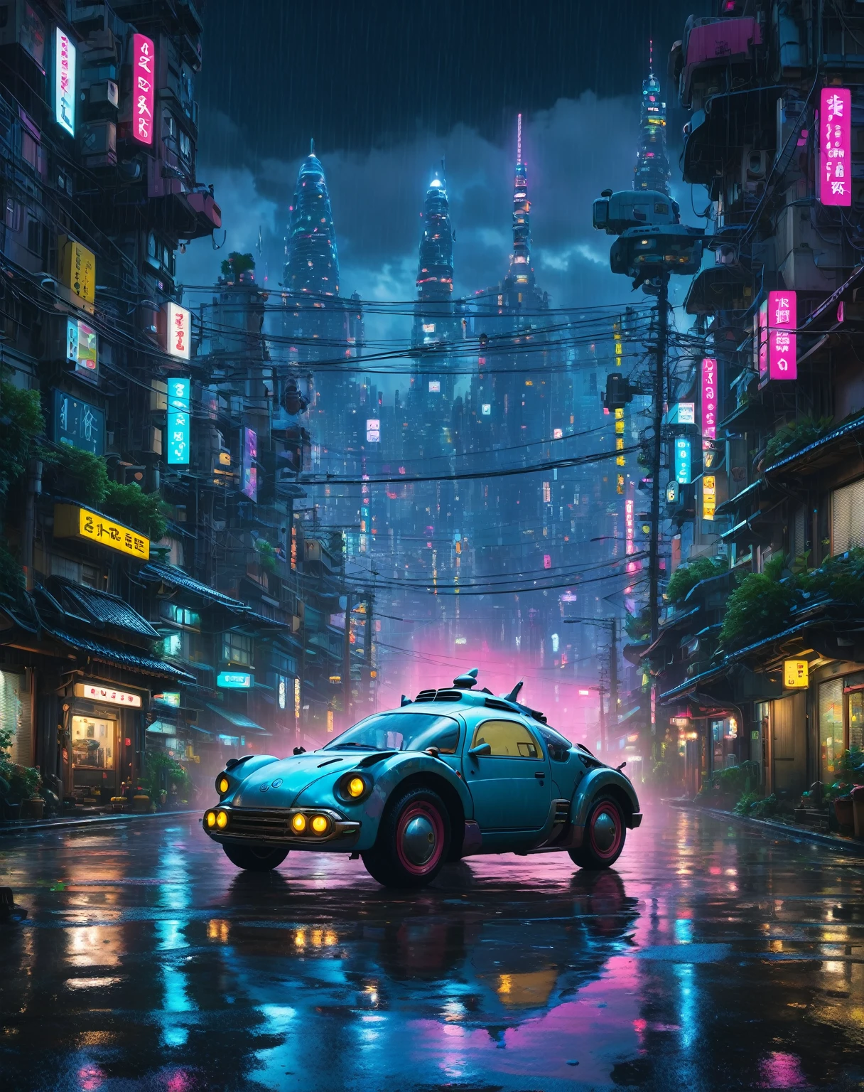 My Neighbor Totoro Cyborg Car, Cyberpunk 2077 cityscape, Night view, Rainy