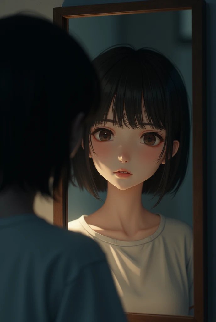 A short haired girl looking in the mirror sad