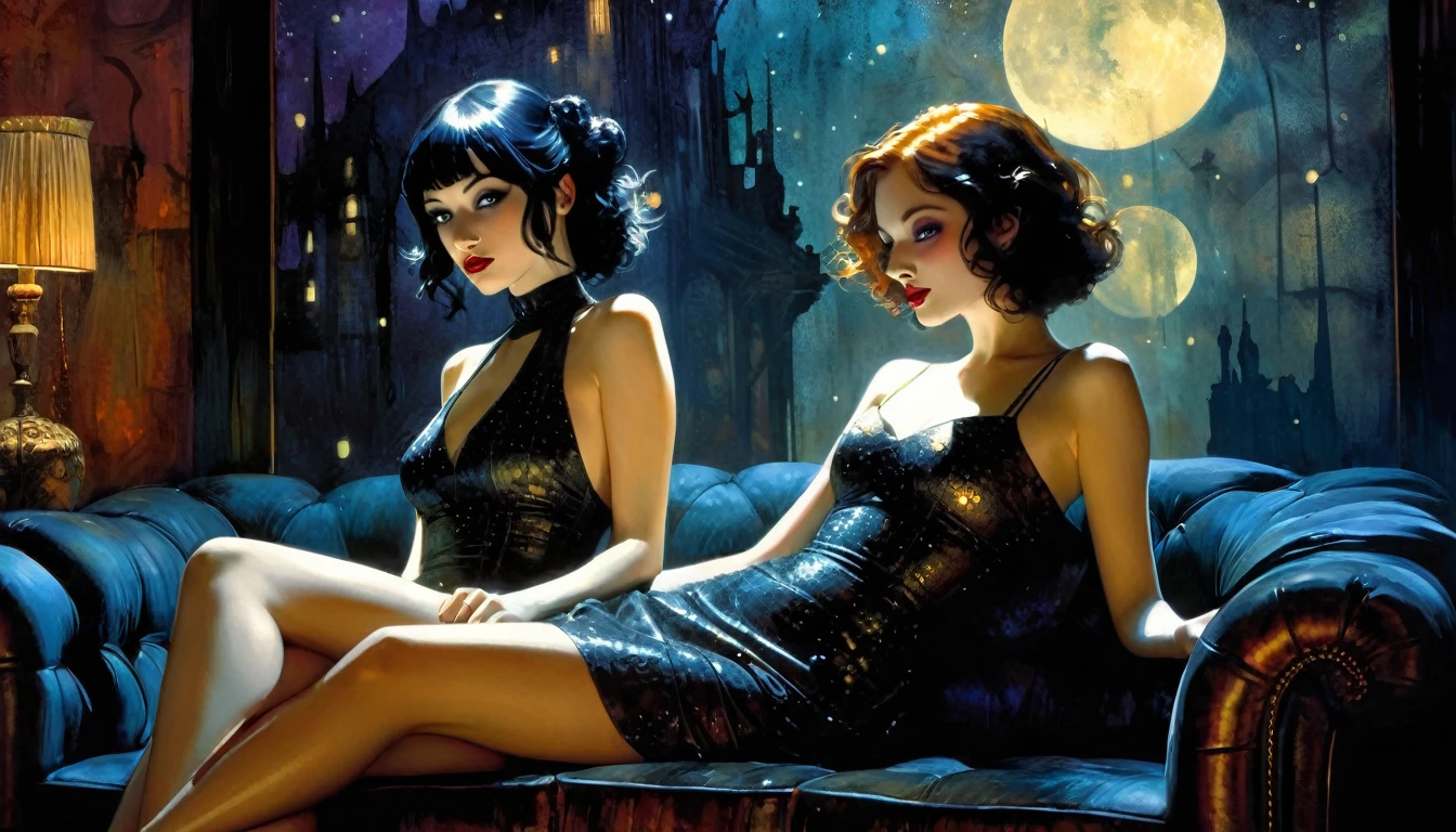 lesbianism, two sexy girls, sexy dress, on the couch in a living room overlooking a magical night with stars, affectionate (best quality, 4k, 8k, high resolution, masterpiece: 1.2), ultra-detailed, (realistic, photorealistic, photorealistic : 1.37), intricate details, vivid colors, sharp focus, professional, Dave McKean artwork, surreal oil touch, oil painting style, portrait, woman, beautiful detailed eyes, beautiful detailed lips, dreamlike atmosphere, game of shadows, soft lighting, fun pose, dark tones, ethereal background, fantasy elements, texture, layered composition. {{{,nsfw,speech bubble,sexy dress,, art inspired by Bill Sienkiewicz and Dave McKean