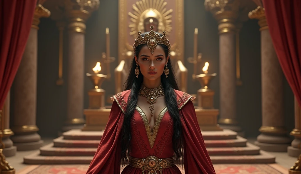 Create a realistic image of Queen Jezebel, as described in the Bible. The scene must portray her in her majesty, wearing luxurious clothes and rich adornments, with a confident and challenging look. The background should suggest a palatial setting of ancient Israel., with elements that refer to its influence and power, such as an elaborate throne and symbols of worship to pagan gods. The image must capture the complexity of the character: Your beauty, ambition and also the air of controversy that surrounds it.