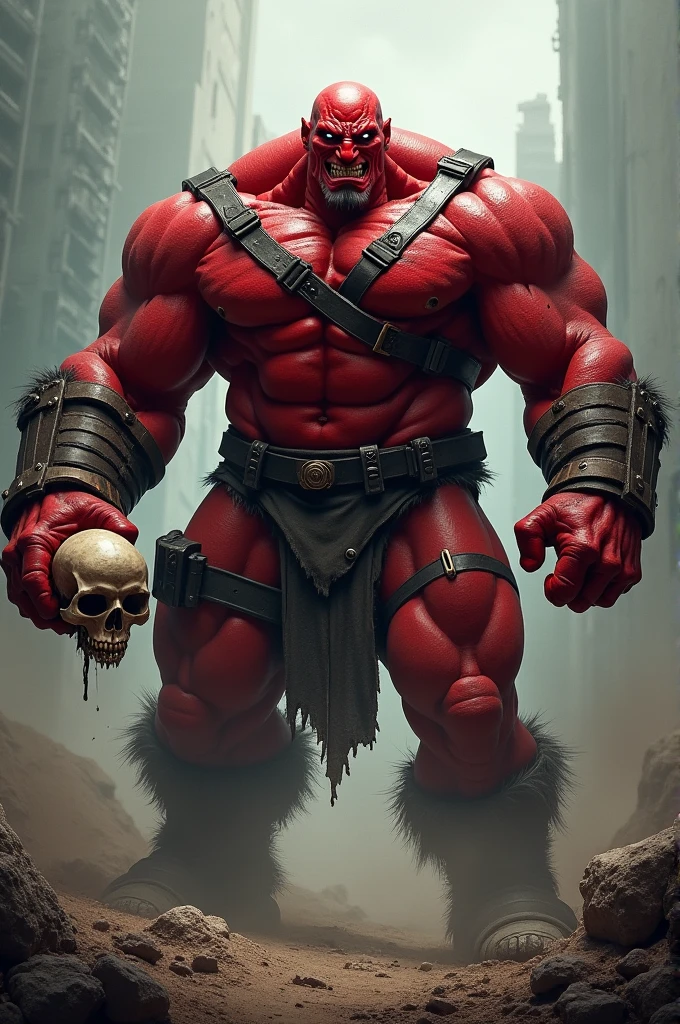 I want a picture of the red juggernaut holding a skull head in his right hand and his left hand up in a closed fist
