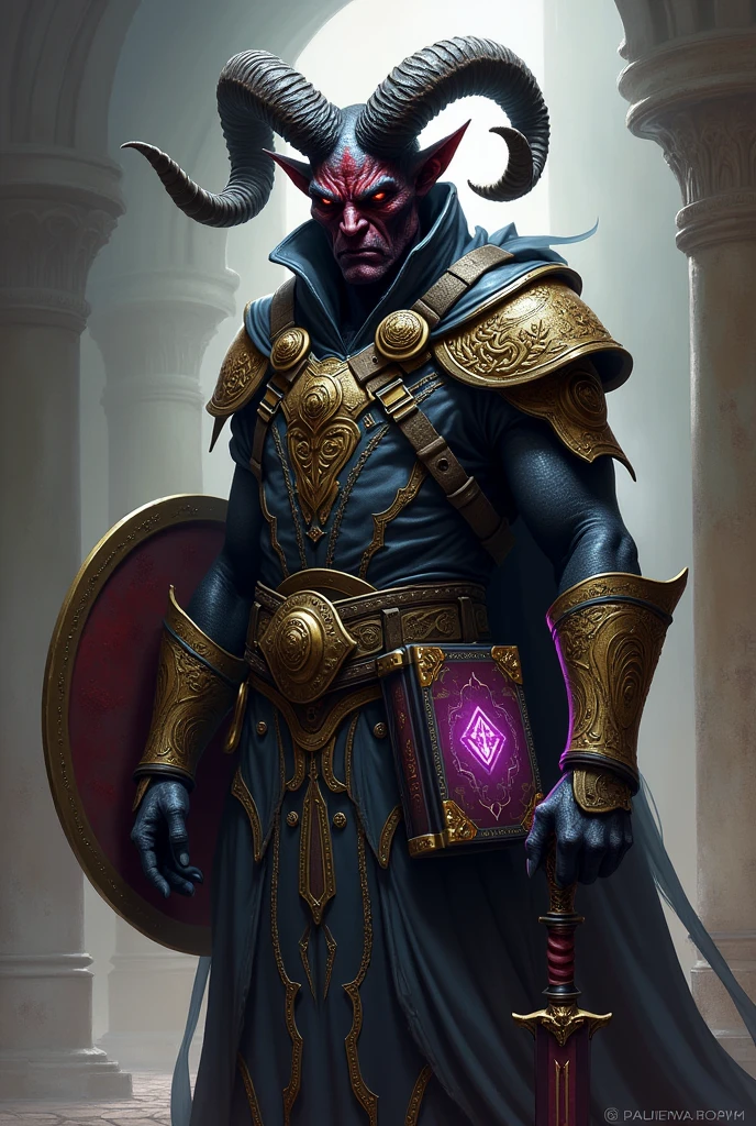 Tiefling male with rams horns, charcoal black skin that look like it’s corrupted his except for small places where it looks like his original red skin is still there. He has light, dark-colored robes, over a button-less, sleeveless, gold-trimmed jacket. He’s bracing to draw his intricately gold-engraved, curved sword from a similarly designed scabbard on his hip. He also has a purple, glowing shield on his back and The Book of Vile Darkness on his other hip