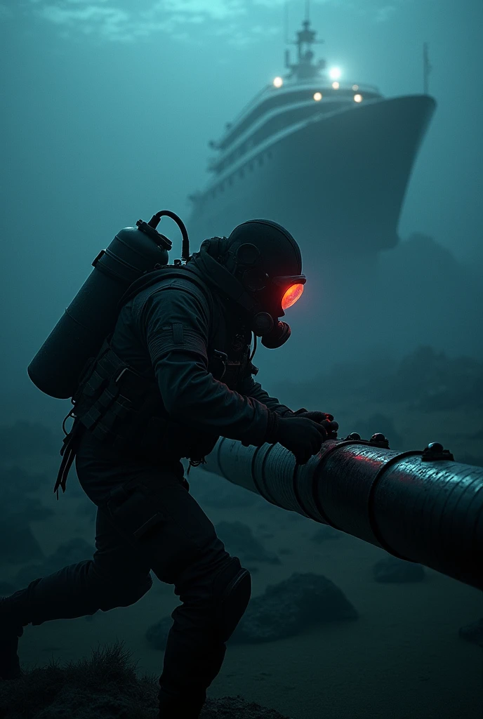 Create an image of a combat diver, who attaches an explosive charge to an underwater gas pipeline in the Baltic Sea. Above the diver the distant silhouette of a yacht can be seen.
it is dark. The diver dives deep. The diver has an LED on the helmet. The diver is working on the pipeline