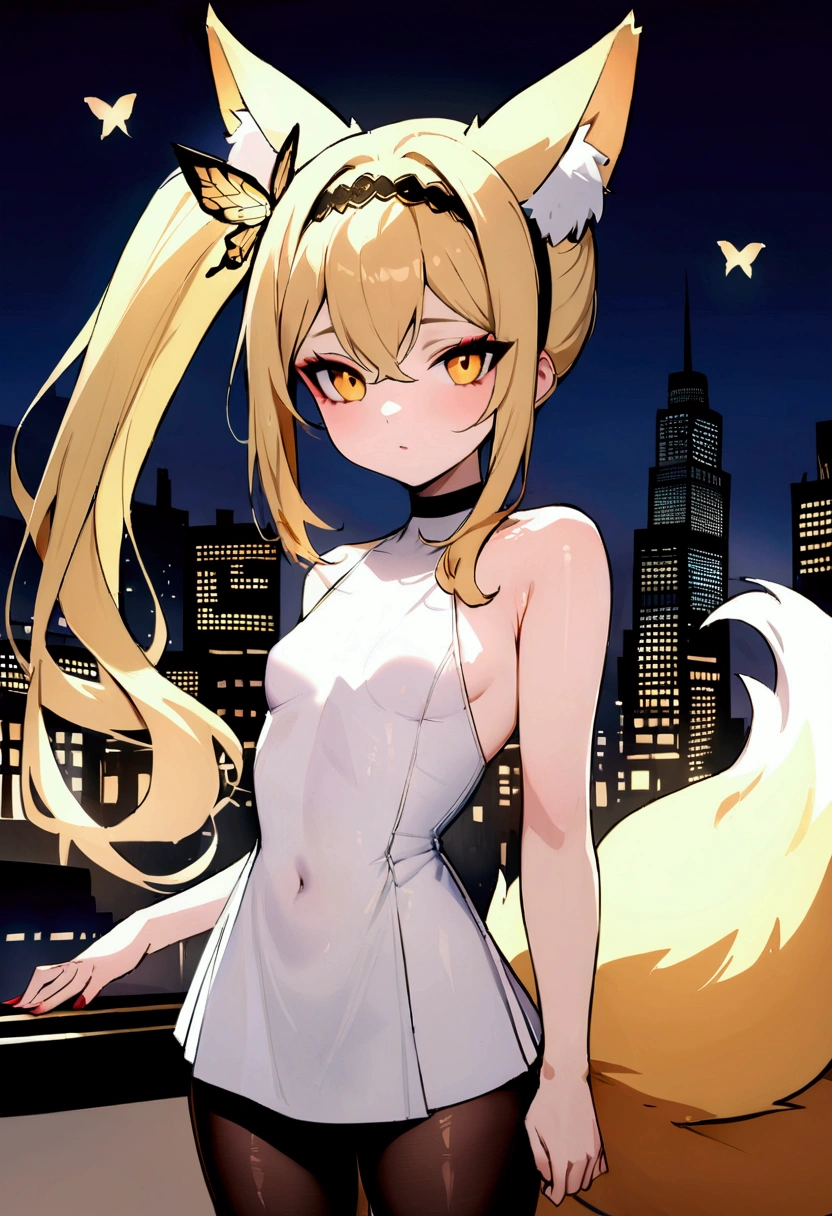 (masterpiece, Best Quality) junior,detailed, (beautiful,small breasts),Wearing black stockings, rubio ,by the wide, side ponytail(Golden butterfly headband), elegant, (fox ears),nine-tailed fox tail, red eye shadow, gold eyes, femur,漏出femur,White shirt, seoktao art style, city background,evening, vagina, naked,flirts.