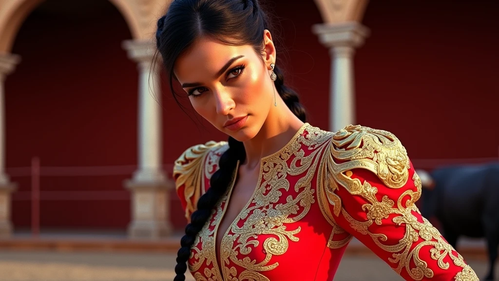 "A side profile of a brown-skinned woman with a long braid tied close to the nape, her head slightly tilted down towards her shoulder. She is dressed in a fitted, traditional bullfighter outfit adorned with intricate gold embroidery on vibrant red fabric. The woman has a prominent nose, typical of Romaian ethnicity. The background features a bullring with a warm, slightly orange hue and a cinematic grain effect.