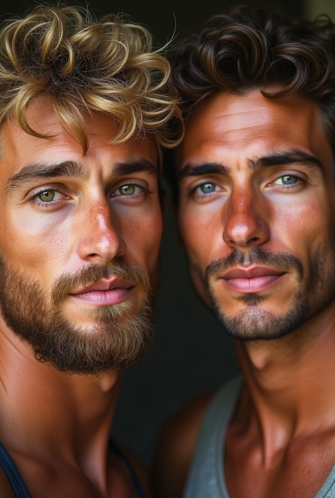 Cinematic soft lighting illuminates a stunningly detailed and ultra-realistic beautiful Greek male supermodel, beach look, short messy windy dark blonde hair, clear green eyes, captivating perfect smile, sensual, hot man, handsome, that is trending on ArtStation. Octane is the perfect tool to capture the softest details of this 16k photography masterpiece.