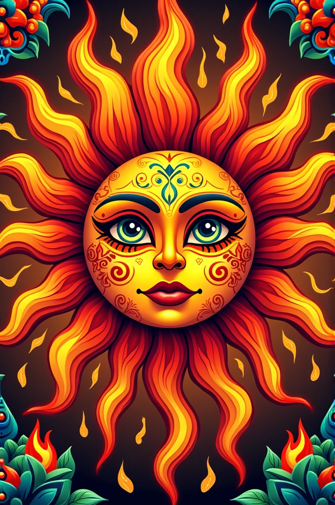 Create an illustration of a vibrant, stylized sun in a traditional Mexican art style, featuring bold, vivid colors like red, orange, and yellow. The sun should have a lively, expressive face with intricate patterns and details, reflecting the rich cultural heritage of Mexican folk art. Surround the sun with decorative elements like flames, swirling lines, and geometric patterns to enhance the overall design. The background should be a warm, earthy tone, suitable for a smoked chili sauce label, giving the impression of heat and intensity. The style should be striking and eye-catching, perfect for a product that is both flavorful and bold."