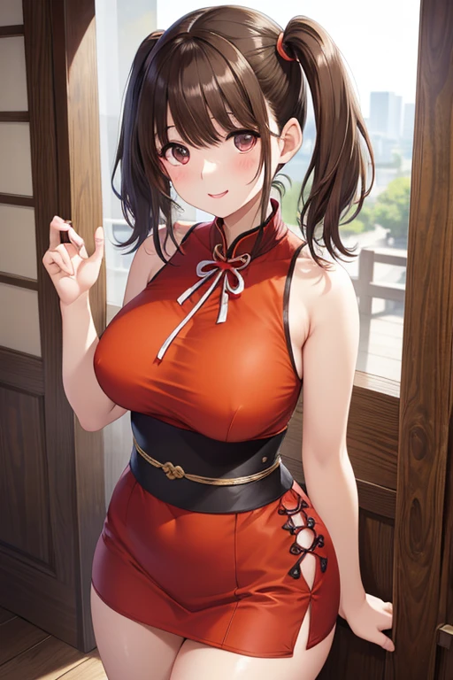 anegasaki nene、Shiny brown hair, short hair, (Beautiful brown eyes、Sparkling eyes, Fine grain)、smile、Super detailedな目、Highly detailed face, Highly detailed eyes,Cowboy Shot、
(masterpiece:1.3, Highest quality, Ultra-high resolution, Super detailed), Beautiful illustrations, Perfect lighting, Natural light, colorful, Depth of written boundary, NFSW,
View your viewers, 1 person, Japanese, , Perfect Face, (Perfect Anatomy), Cute and symmetrical face, Baby Face, Glowing Skin,
(Mid-length hair:1.5, Twin tails:1.2, ),
Hair between the eyes, Big eyes, Red eyes, Long eyelashes, (Medium chest, Captivating thighs), thin, Dark red hair ribbon,
Beautiful Hair, Beautiful Face, Beautiful attention to detail, Beautiful clavicle, Beautiful body, Beautiful breasts, Beautiful thighs, Beautiful feet, Beautiful fingers,
(Detailed cloth texture, Sleeveless orange micro mini cheongsam, Slit at waist),
(Beautiful views), evening, (party), walk, , (かわいらしいsmile, Upward glance),