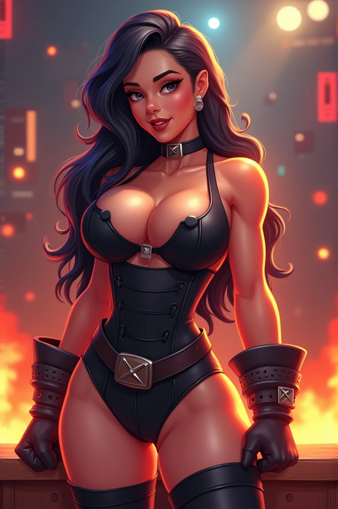 (masterpiece, top quality, best quality, official art, beautiful and aesthetic:1.2), (1girl:1.3), black hair in dreadlocks, extremely detailed, portrait, looking at viewer, solo, (full body:0.6), detailed background, close up, gold eyes, (cool space ship theme:1.1), (((scales, scaly skin, clawed fingers))), alien shapeshifter woman, charlatan, sinister smirk, mysterious, shapeshifting in a spaceship, revealing jumpsuit, black leather, long boots, buckles, straps, pouches, collar, sleeveless, black latex, ((((gigantic breasts, cleavage, skindentation)))), slim waist, slim hips, long legs, futuristic (starship interior:1.1) background, dark mysterious lighting, shadows, magical atmosphere, dutch angle