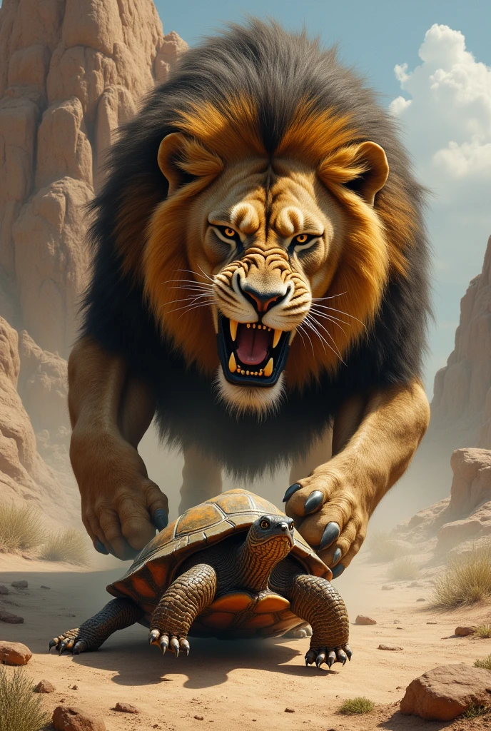 Turtle in lion jaws