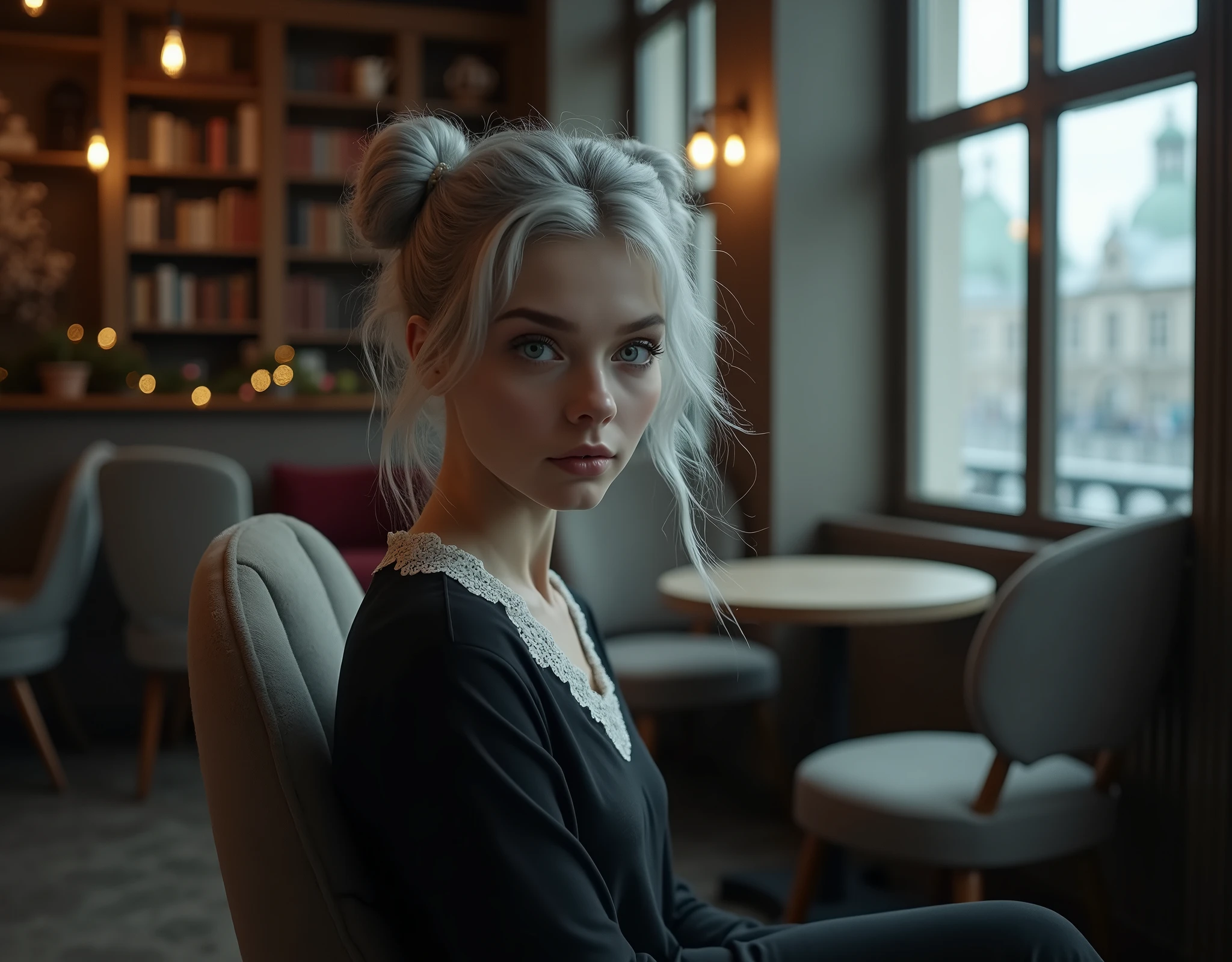 Beautiful girl with fair skin, 20 years, light gray hair gathered into two buns, Blue eyes, sits elegantly in a cozy coffee shop, coffee shop in dark tones, a coffee shop with soft chairs and cabinets with books and garlands, Sits up straight, Look directly into the camera, in the background there is a large window with a view of St. Petersburg, Really, Photo, 4K, dark atmosphere
