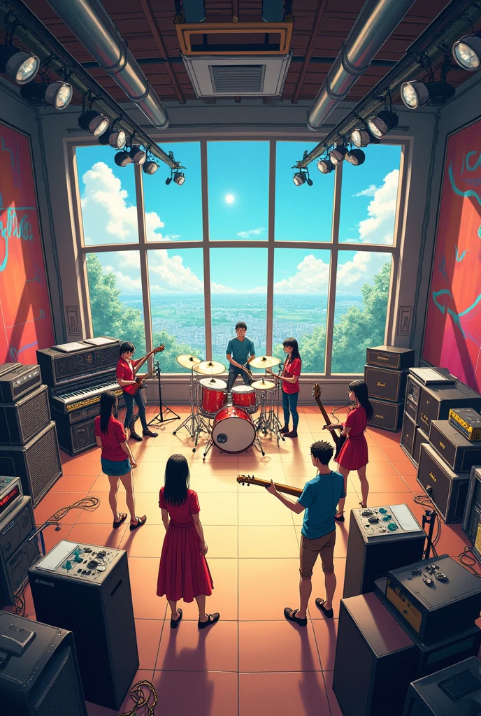 A panoramic view of a manga music rehearsal room